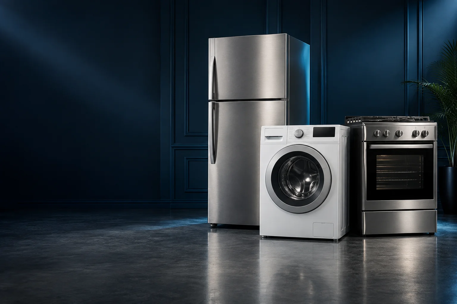 Refrigerador, lavadora y estufa en un ambiente azul: cuidamos los equipos de tu hogar